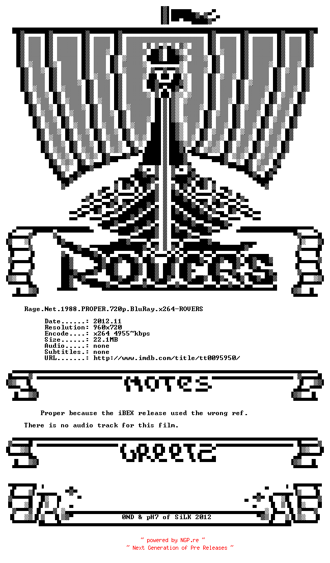 NFO for the release Rage.Net.1988.PROPER.720p.BluRay.x264-ROVERS by ROVERS