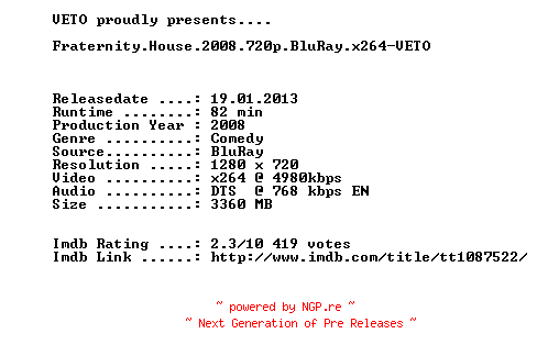 NFO for the release Fraternity.House.2008.720p.BluRay.x264-VETO by VETO
