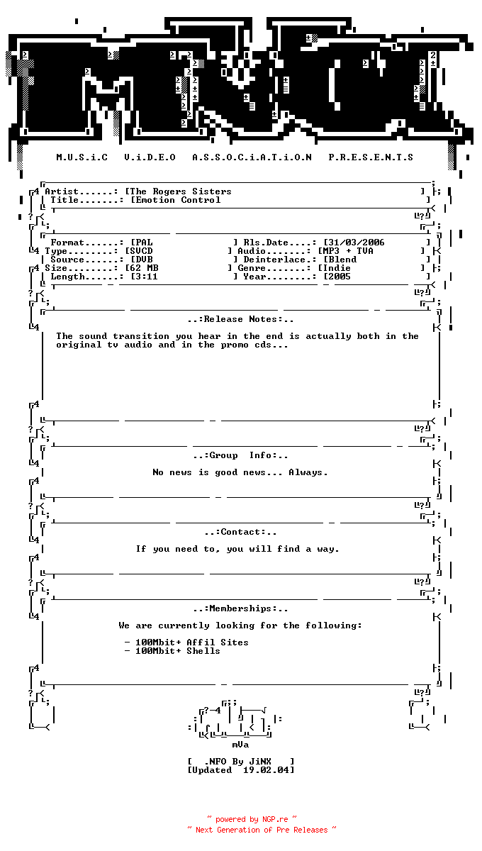 NFO for the release The_rogers_sisters-emotion_control-svcd-2005-mVa by mVa