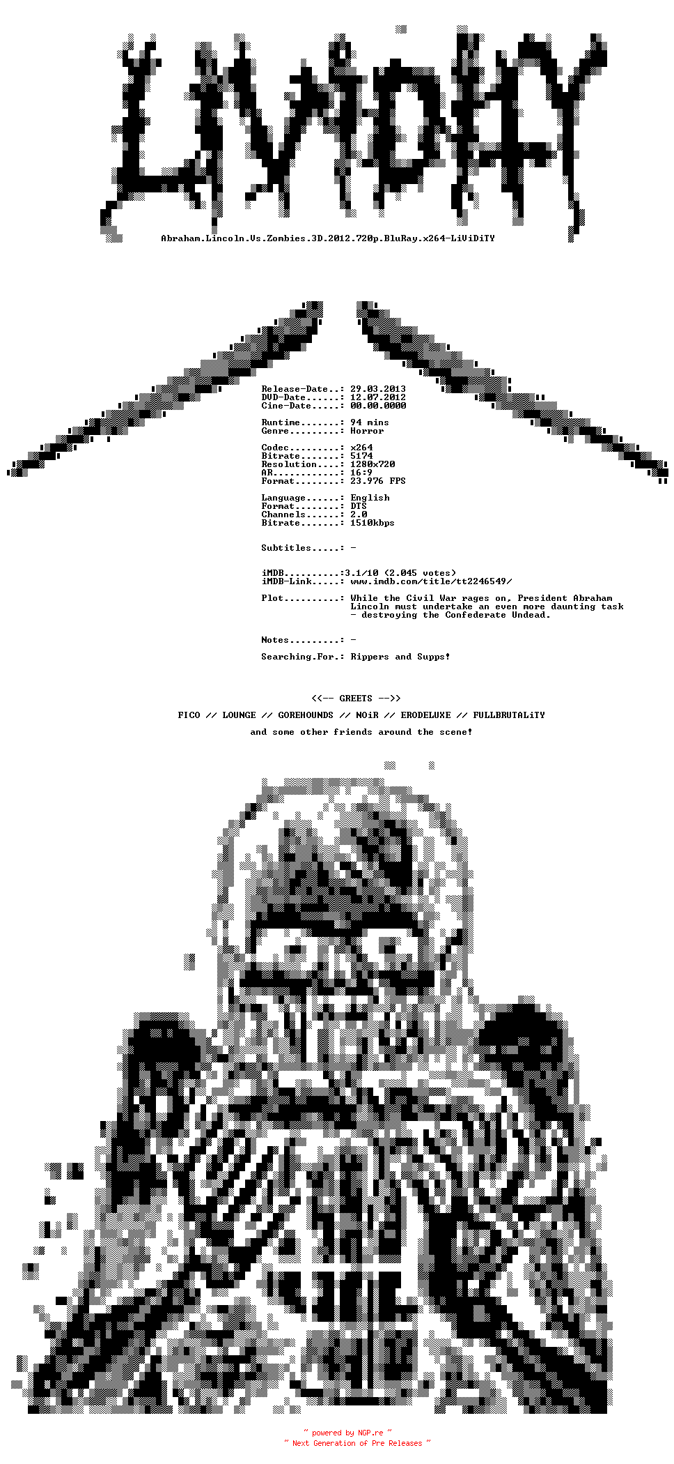 NFO for the release Abraham.Lincoln.Vs.Zombies.3D.2012.720p.BluRay.x264-LiViDiTY by LiViDiTY