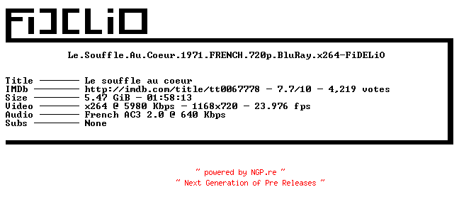 NFO for the release Le.Souffle.Au.Coeur.1971.FRENCH.720p.BluRay.x264-FiDELiO by FiDELiO
