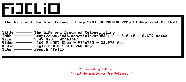 NFO for the release The.Life.and.Death.of.Colonel.Blimp.1943.SUBFRENCH.720p.BluRay.x264-FiDELiO by FiDELiO