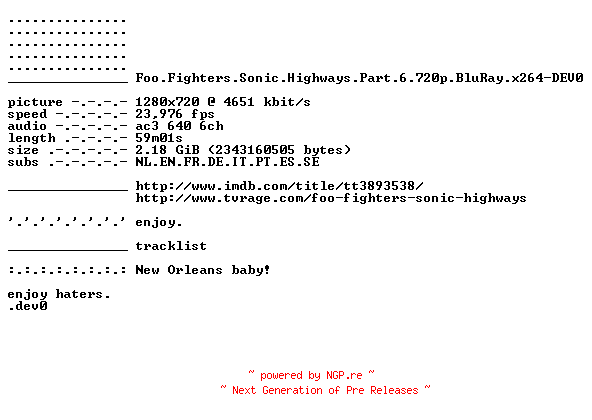 NFO for the release Foo.Fighters.Sonic.Highways.Part.6.720p.BluRay.x264-DEV0 by DEV0