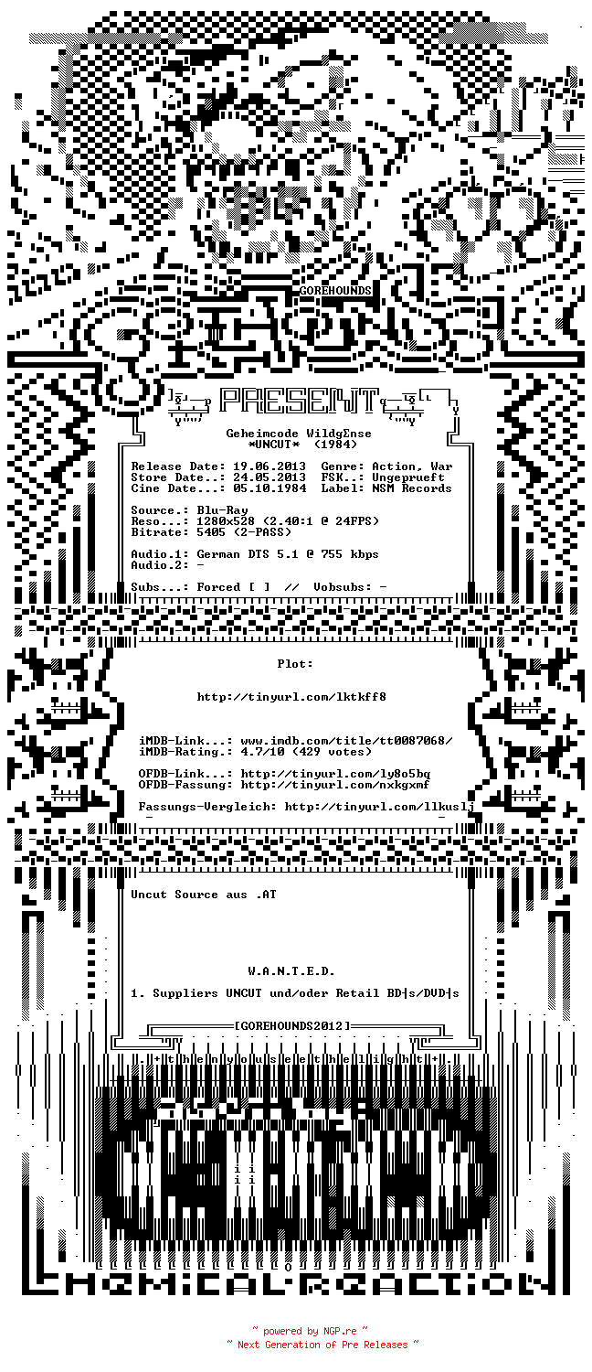 NFO for the release Geheimcode.Wildgaense.UNCUT.GERMAN.1984.720p.BluRay.x264-GOREHOUNDS by GOREHOUNDS