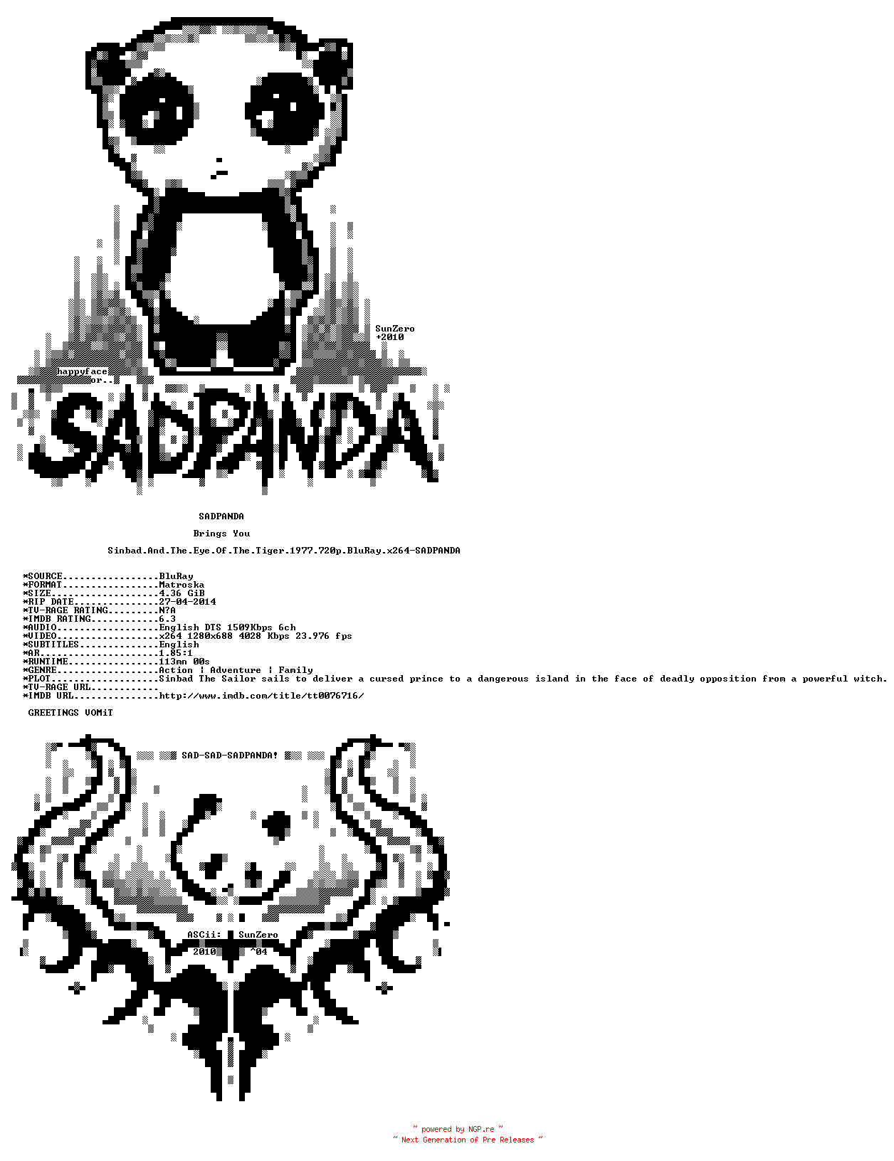 NFO for the release Sinbad.And.The.Eye.Of.The.Tiger.1977.720p.BluRay.x264-SADPANDA by SADPANDA