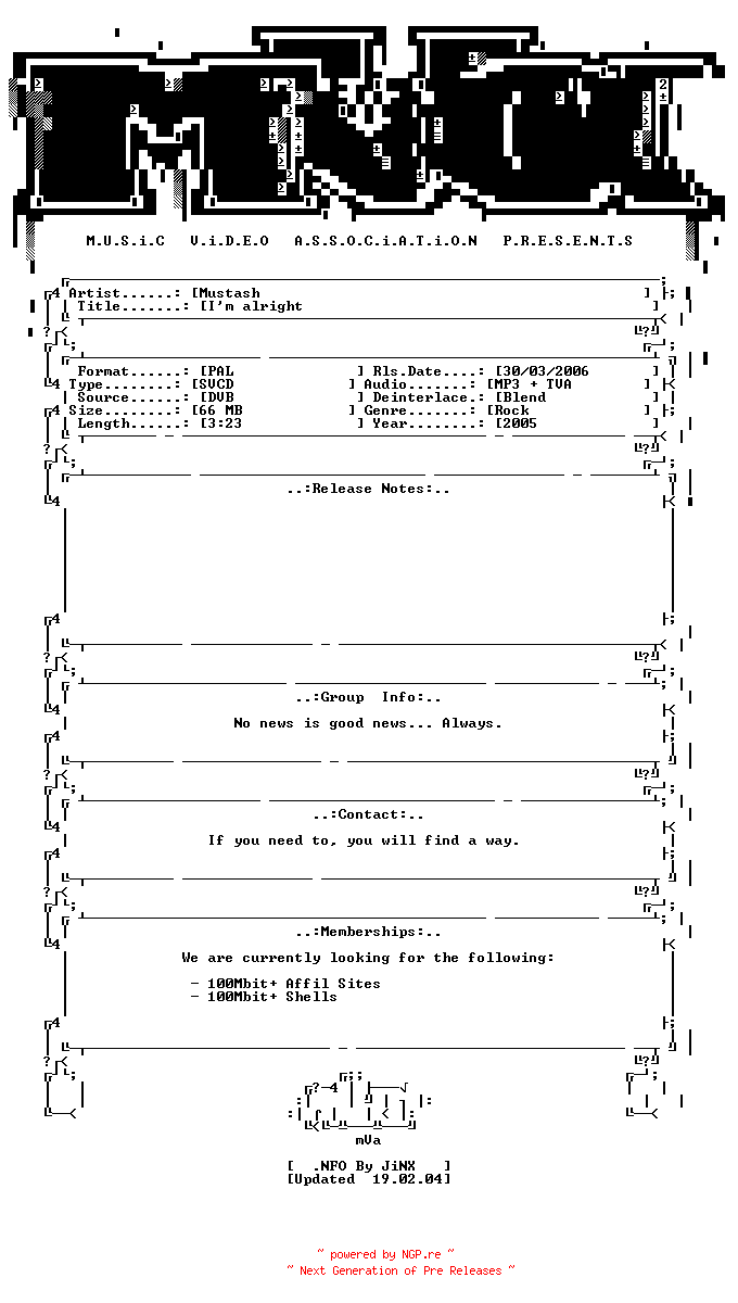 NFO for the release Mustasch-im_alright-svcd-2005-mVa by mVa