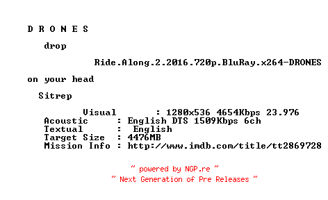 NFO for the release Ride.Along.2.2016.720p.BluRay.x264-DRONES by DRONES