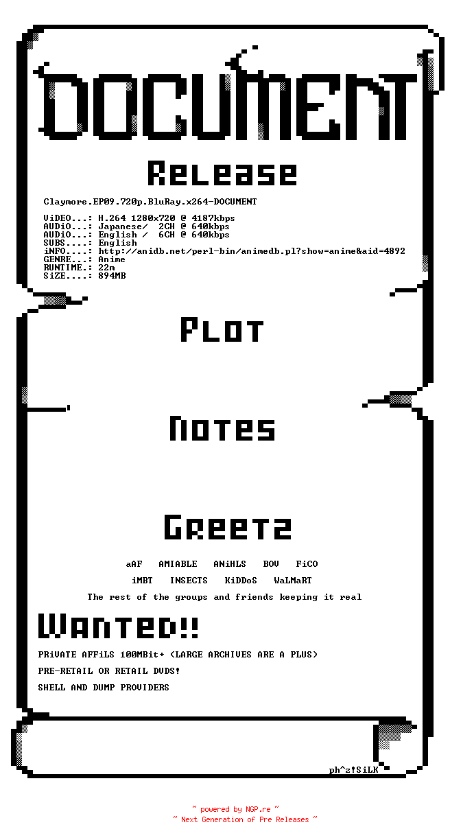 NFO for the release Claymore.EP09.720p.BluRay.x264-DOCUMENT by DOCUMENT
