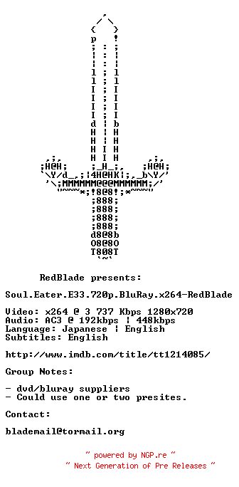 NFO for the release Soul.Eater.E33.720p.BluRay.x264-RedBlade by RedBlade