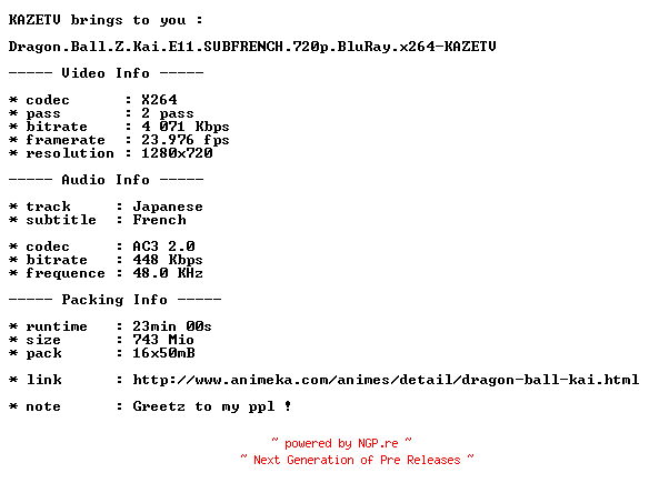 NFO for the release Dragon.Ball.Z.Kai.E11.SUBFRENCH.720p.BluRay.x264-KAZETV by KAZETV