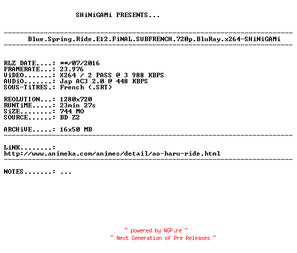 NFO for the release Blue.Spring.Ride.E12.FiNAL.SUBFRENCH.720p.BluRay.x264-SHiNiGAMi by SHiNiGAMi