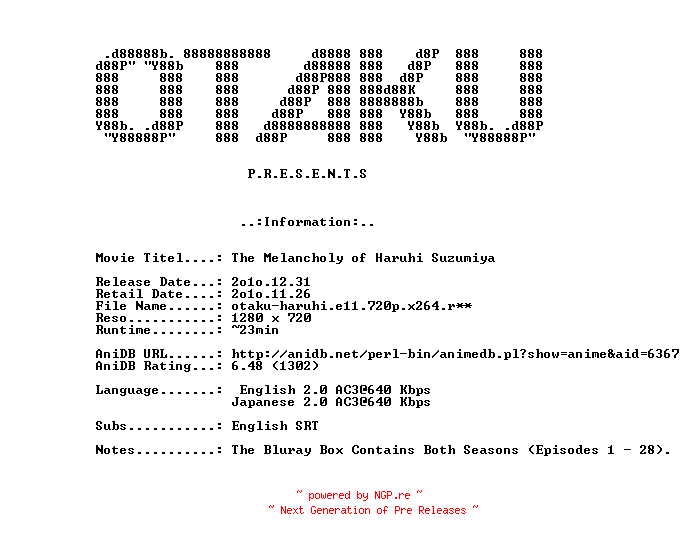 NFO for the release The.Melancholy.of.Haruhi.Suzumiya.E11.Remote.Island.Syndrome.Part.2.720p.BluRay.x264-OTAKU by OTAKU