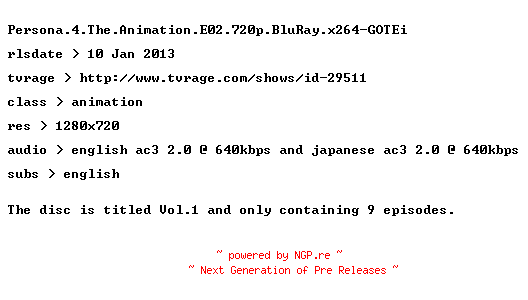 NFO for the release Persona.4.The.Animation.E02.720p.BluRay.x264-GOTEi by GOTEi