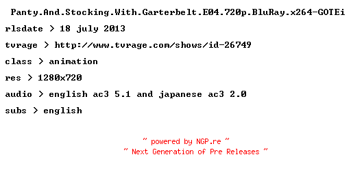 NFO for the release Panty.And.Stocking.With.Garterbelt.E04.720p.BluRay.x264-GOTEi by GOTEi