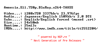 NFO for the release Amnesia.E11.720p.BluRay.x264-TAXES by TAXES