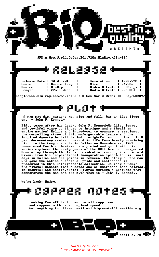 NFO for the release JFK.A.New.World.Order.E01.720p.BluRay.x264-BiQ by BiQ