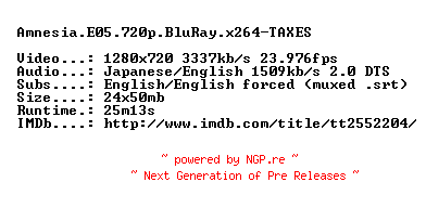NFO for the release Amnesia.E05.720p.BluRay.x264-TAXES by TAXES