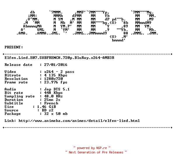 NFO for the release Elfen.Lied.E07.SUBFRENCH.720p.BluRay.x264-AMB3R by AMB3R