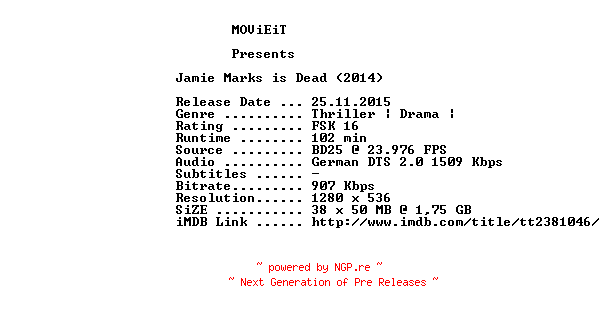 NFO for the release Jamie.Marks.Is.Dead.2014.German.720p.BluRay.x264-MOViEiT by MOViEiT
