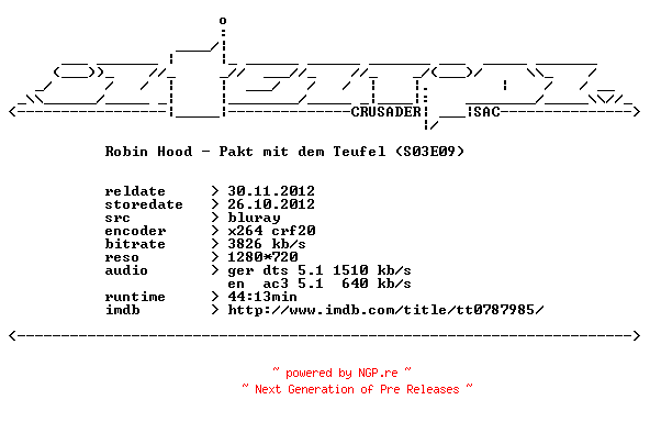NFO for the release Robin.Hood.S0E09.Pakt.mit.dem.Teufel.German.DL.720p.BluRay.x264-iNTENTiON by iNTENTiON