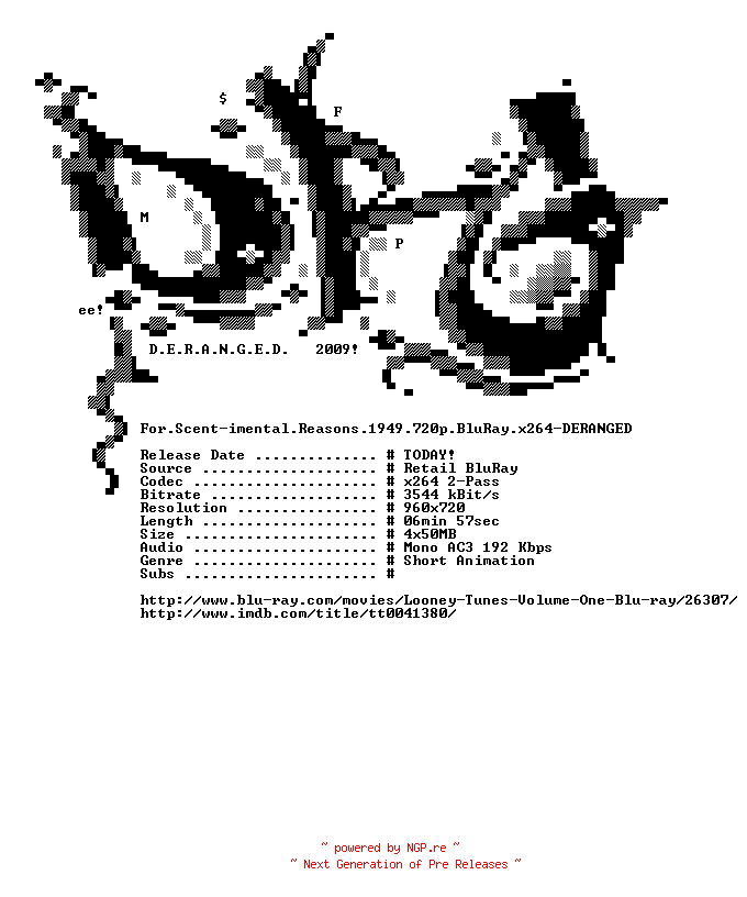NFO for the release For.Scent-imental.Reasons.1949.720p.BluRay.x264-DERANGED by DERANGED