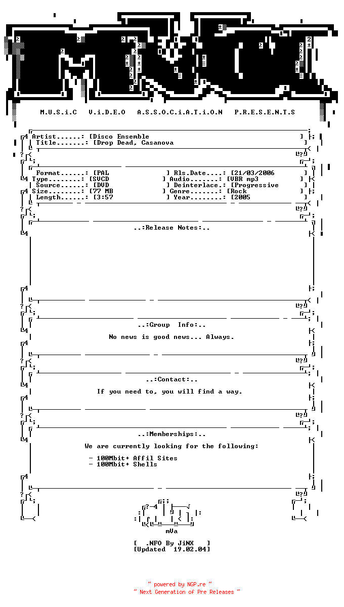 NFO for the release Disco_ensemble-drop_dead_casanova-dvdrip-svcd-2005-mVa by mVa