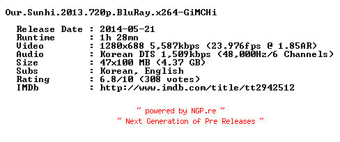 NFO for the release Our.Sunhi.2013.720p.BluRay.x264-GiMCHi by GiMCHi