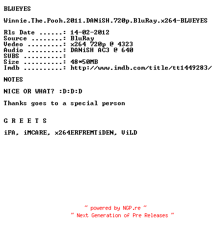 NFO for the release Winnie.The.Pooh.2011.DANiSH.720p.BluRay.x264-BLUEYES by BLUEYES