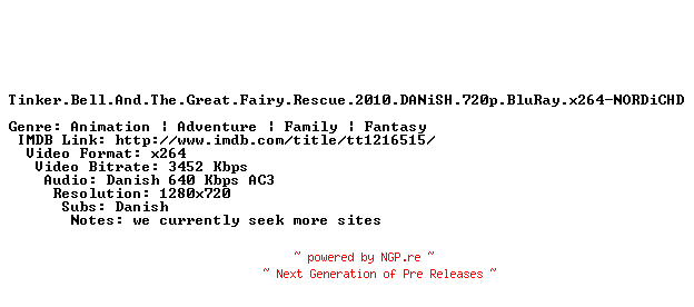 NFO for the release Tinker.Bell.And.The.Great.Fairy.Rescue.2010.DANiSH.720p.BluRay.x264-NORDiCHD by NORDiCHD