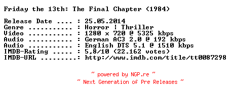 NFO for the release Freitag.der.13.Teil.4.Das.letzte.Kapitel.1984.GERMAN.AC3D.DL.720p.BluRay.x264-COOLHD by COOLHD