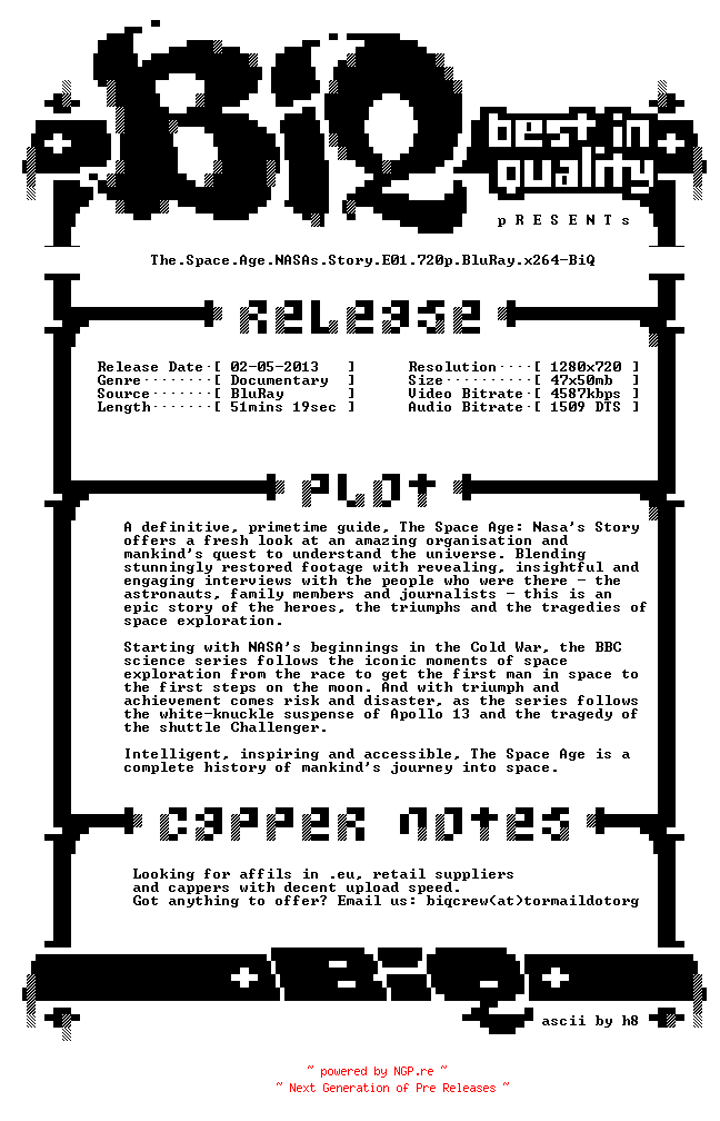 NFO for the release The.Space.Age.NASAs.Story.E01.720p.BluRay.x264-BiQ by BiQ
