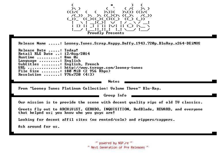 NFO for the release Looney.Tunes.Scrap.Happy.Daffy.1943.720p.BluRay.x264-DEiMOS by DEiMOS