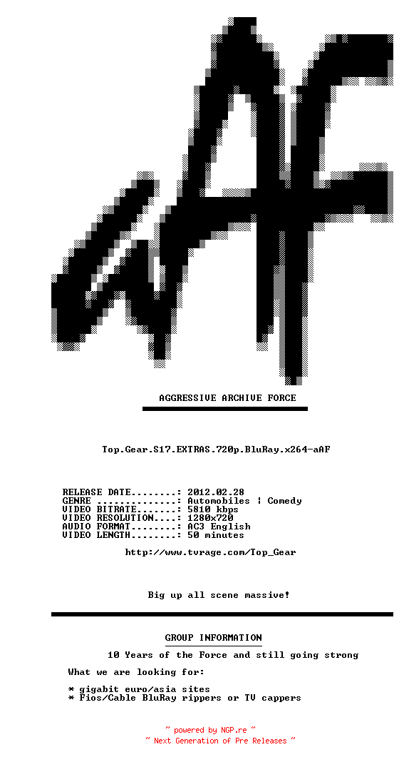 NFO for the release Top.Gear.S17.EXTRAS.720p.BluRay.x264-aAF by aAF