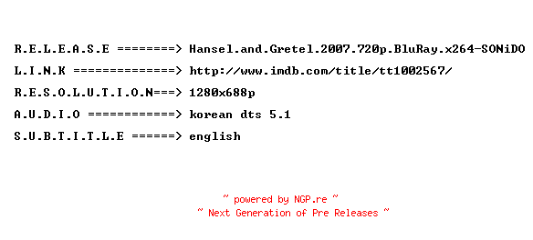 NFO for the release Hansel.and.Gretel.2007.720p.BluRay.x264-SONiDO by SONiDO