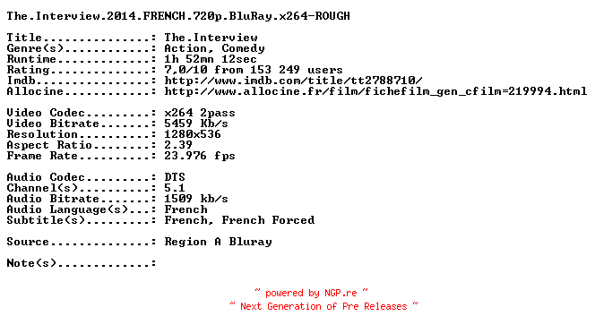 NFO for the release The.Interview.2014.FRENCH.720p.BluRay.x264-ROUGH by ROUGH