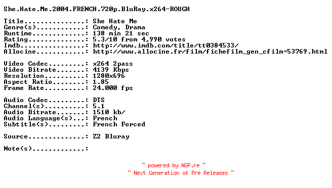 NFO for the release She.Hate.Me.2004.FRENCH.720p.BluRay.x264-ROUGH by ROUGH