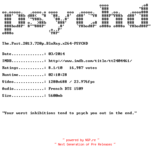 NFO for the release The.Past.2013.720p.BluRay.x264-PSYCHD by PSYCHD