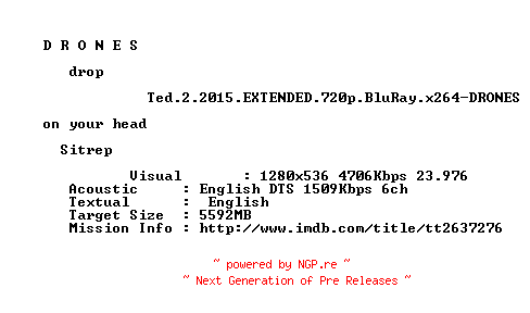 NFO for the release Ted.2.2015.EXTENDED.720p.BluRay.x264-DRONES by DRONES