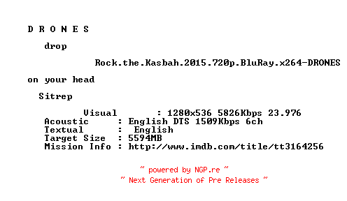 NFO for the release Rock.the.Kasbah.2015.720p.BluRay.x264-DRONES by DRONES