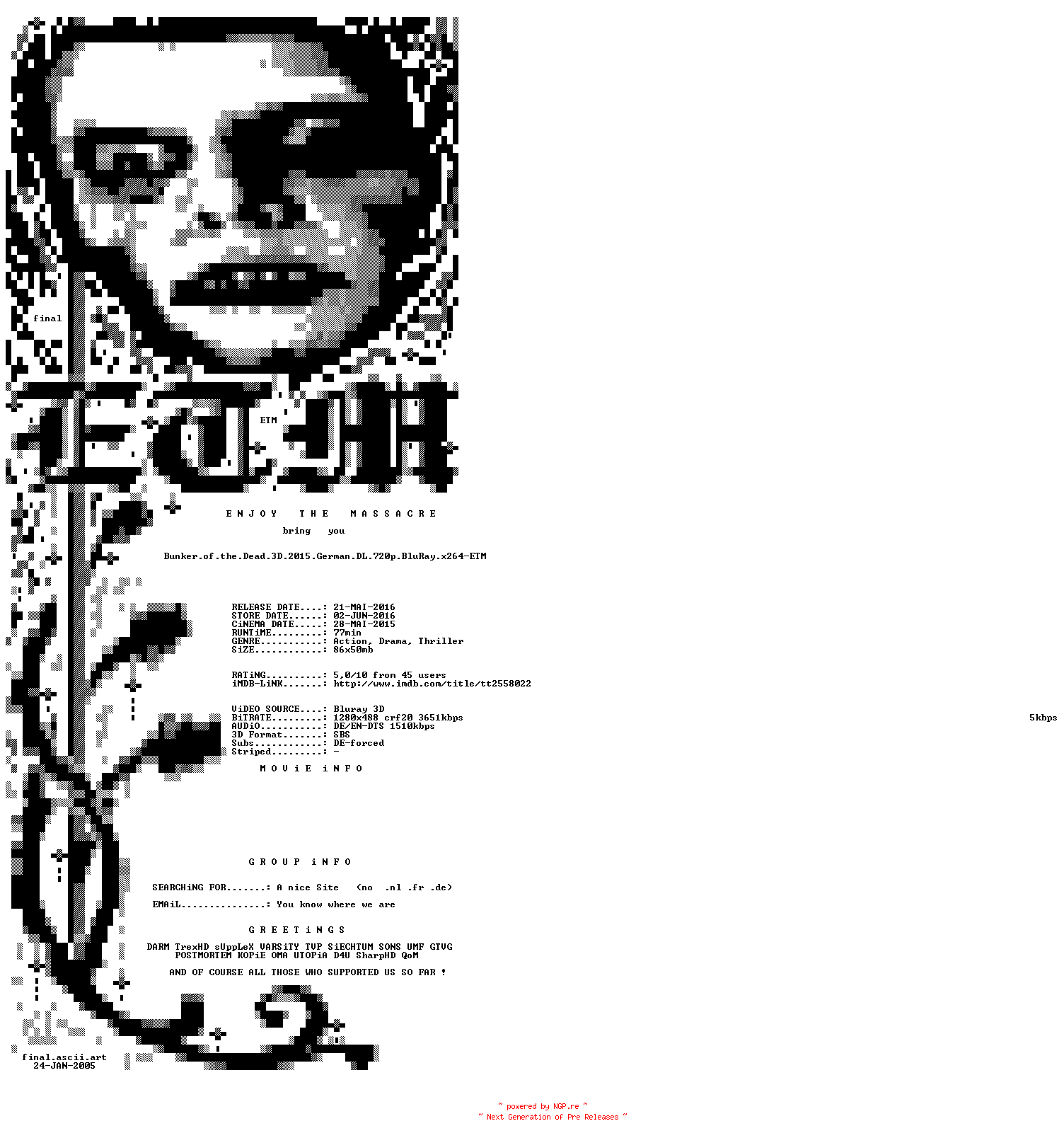 NFO for the release Bunker.of.the.Dead.3D.2015.German.DL.720p.BluRay.x264-ETM by ETM