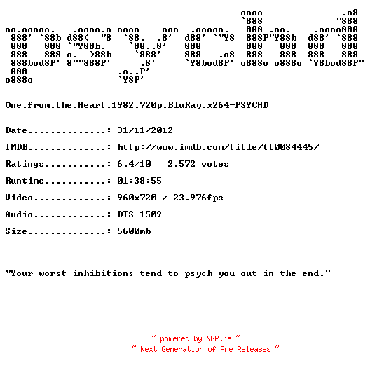 NFO for the release One.from.the.Heart.1982.720p.BluRay.x264-PSYCHD by PSYCHD