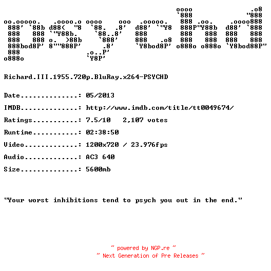 NFO for the release Richard.III.1955.720p.BluRay.x264-PSYCHD by PSYCHD
