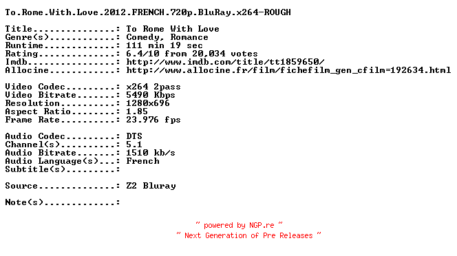 NFO for the release To.Rome.With.Love.2012.FRENCH.720p.BluRay.x264-ROUGH by ROUGH