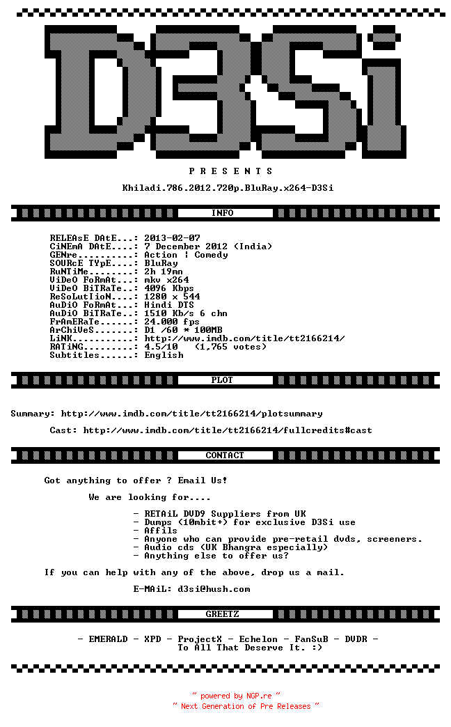 NFO for the release Khiladi.786.2012.720p.BluRay.x264-D3Si by D3Si