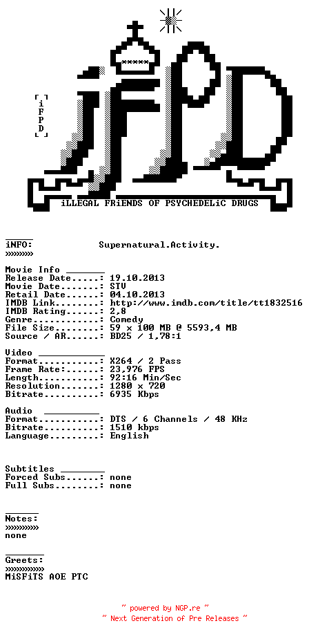 NFO for the release Supernatural.Activity.2012.720p.BluRay.x264-iFPD by iFPD