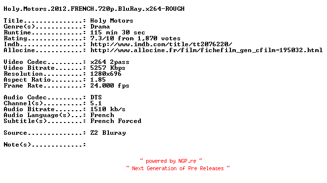 NFO for the release Holy.Motors.2012.FRENCH.720p.BluRay.x264-ROUGH by ROUGH