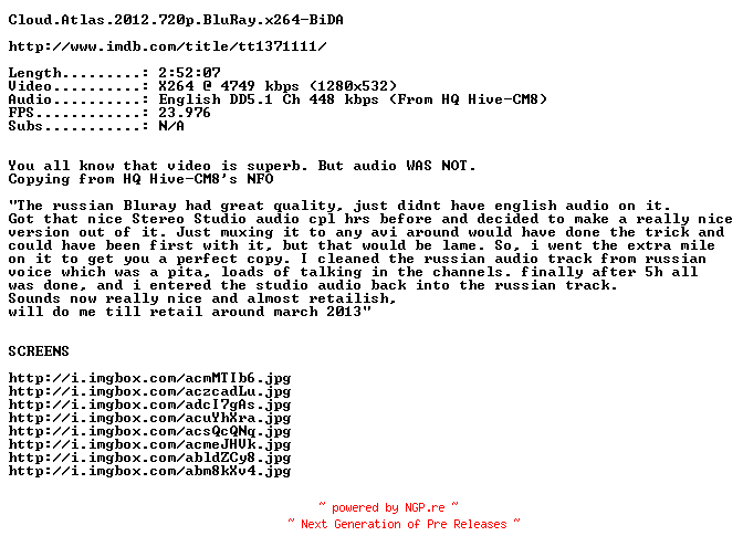 NFO for the release Cloud.Atlas.2012.720p.BluRay.x264-BiDA by BiDA