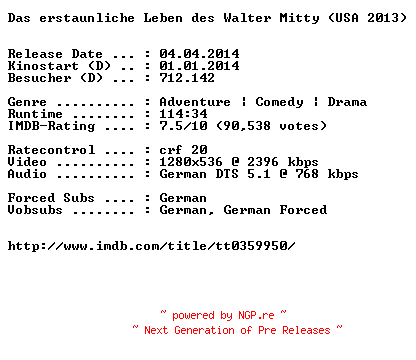 NFO for the release Das.erstaunliche.Leben.des.Walter.Mitty.German.720p.BluRay.x264-EXQUiSiTE by EXQUiSiTE