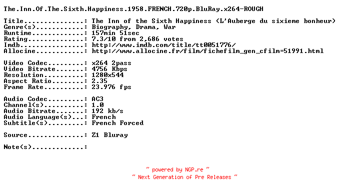 NFO for the release The.Inn.Of.The.Sixth.Happiness.1958.FRENCH.720p.BluRay.x264-ROUGH by ROUGH