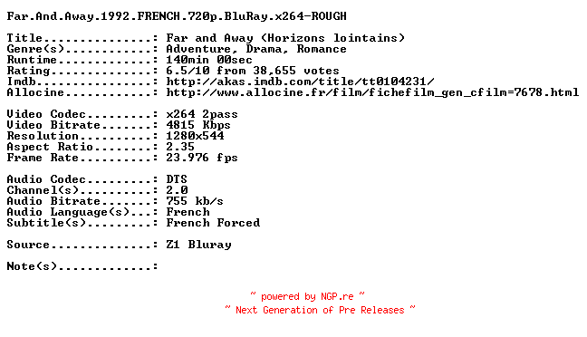 NFO for the release Far.And.Away.1992.FRENCH.720p.BluRay.x264-ROUGH by ROUGH